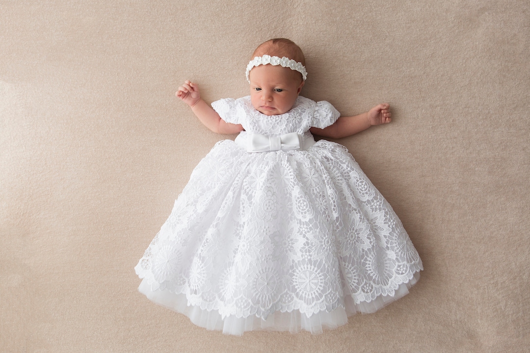 Baptism Dress for Baby Girl, White Christening Gown Girl, Lace