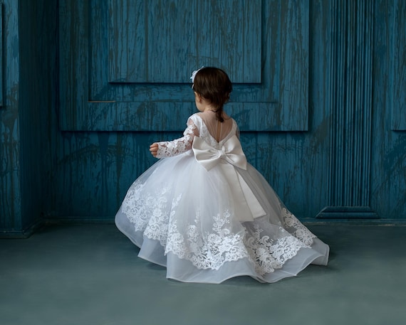 First Communion Dress for Toddler Girl with Train, Baptism Gown, Holy Communion Dress, White Dress, Baby Wedding Dress, Christening Dress