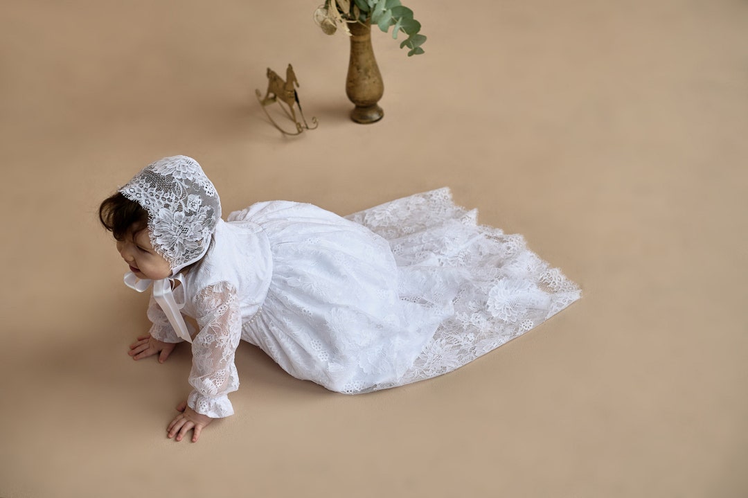 Newborn Girl Long Baptism Dress, Baby Girl Christening Gown, Lace