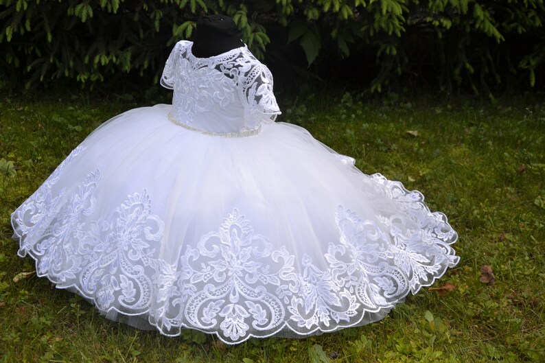 Elegant white lace short baptism dress main image 1