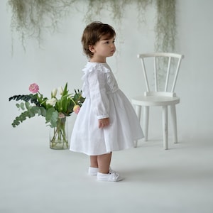 White baby girl christening gown, Linen baby baptism dress, Vintage christening dress, Christening gown with personalized embroidery