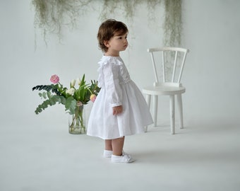 White baby girl christening gown, Linen baby baptism dress, Vintage christening dress, Christening gown with personalized embroidery