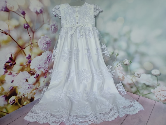 White Lace Christening Gown, Infant Lace Baptism Dress, Unique Baby Boho  Dress, Baby Flower Girl Dress - Etsy