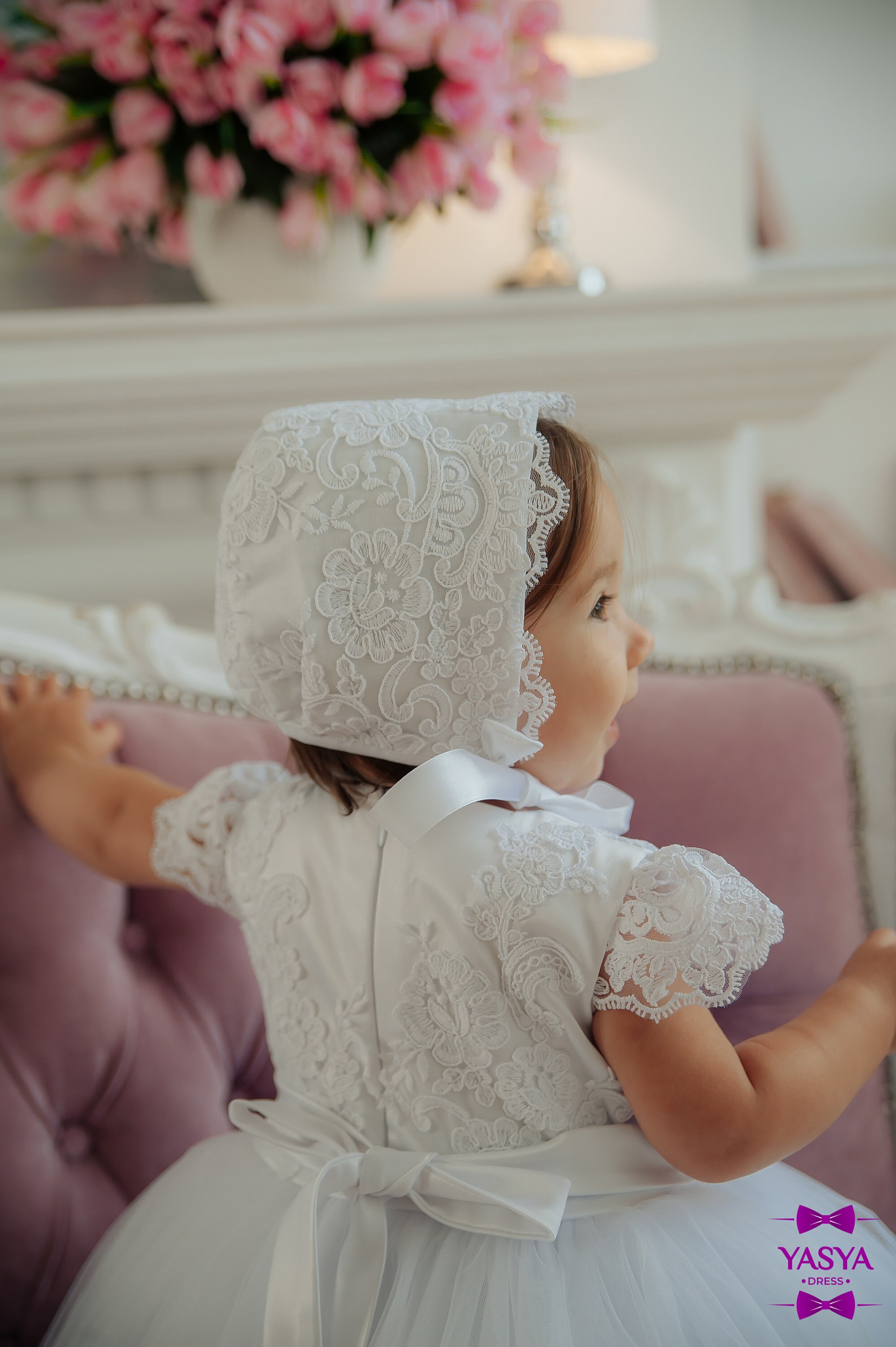 Pink Lace Christening Bonnet with Frill (3mths-2yrs) main image 1
