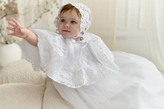 Elegant White Christening Dress for Baby Girl, Long Lace Baptism Gown with Layered Tulle Skirt, Newborn-Toddler