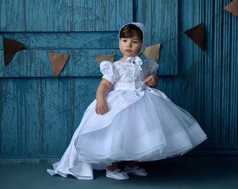 Toddler baptism dress with train,  christening gown for toddler girl, baby baptismal dress, baptism dress for baby girl