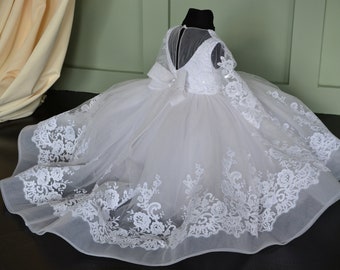 Сhristening dress for toddler, white baptism dress for baby girl, christening dress with train, 2t 3t 4t 5t  baptism dress