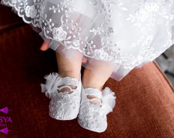 White personalization baptism shoes, baby girl lace booties & christening bonnet