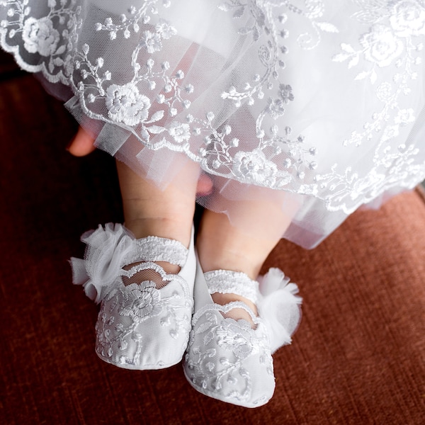White personalization baptism shoes, baby girl lace booties & christening bonnet