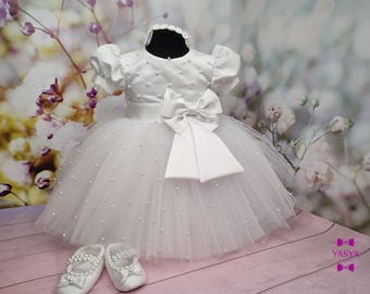 Baptism gown with pearls, baptism dress for baby girl, Birthday princess gown, christening gown girl