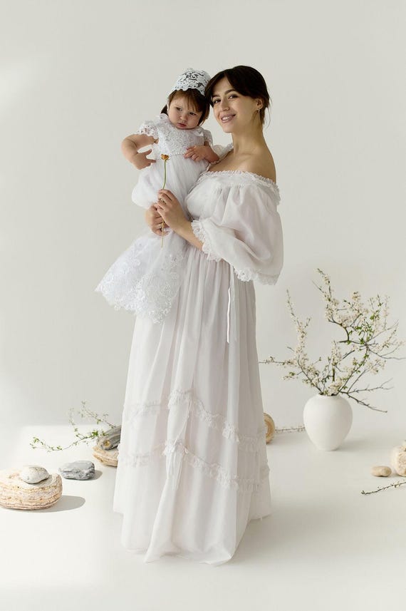 Leideur Baby Girl Christening Dress - Long White Baptism Gown For Newborn Infant Blessing Ceremony
