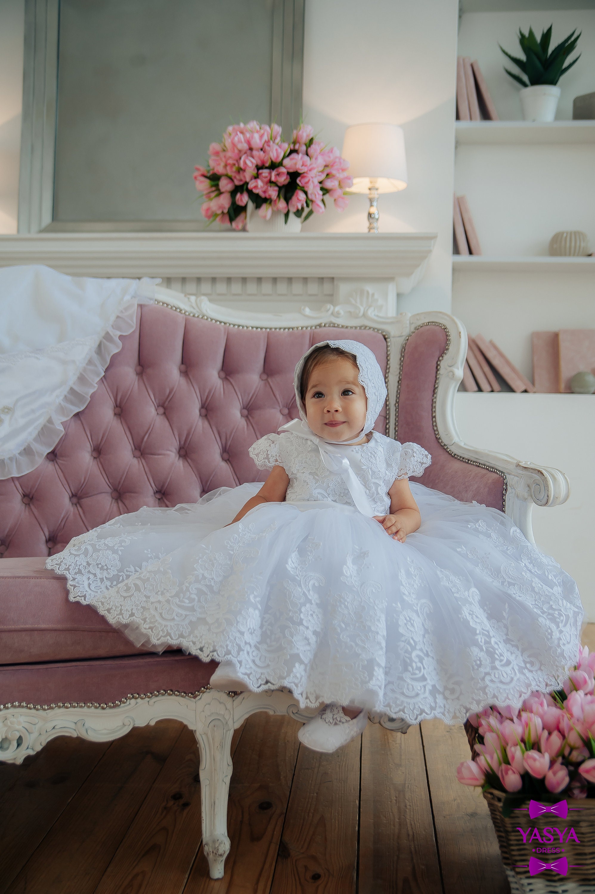 Pink Lace Christening Bonnet with Frill (3mths-2yrs) main image 0