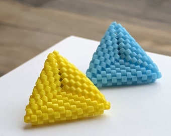Blue yellow geometric triangle earrings, Beaded hypoallergenic studs, Ukraine jewelry