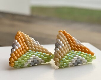 Green & orange beaded studs earrings, Geometric cool small accessories, Funny gifts best friend female, Delicate 21st birthday gift for her