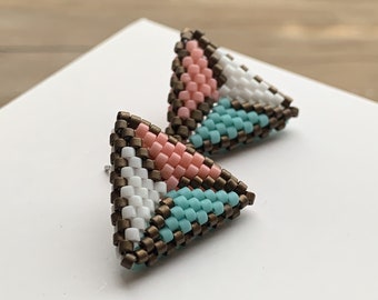 Bronze turquoise beaded studs earrings, Boho hypoallergenic jewelry, Geometric small minimalist accessories, Cool gift ideas for sister