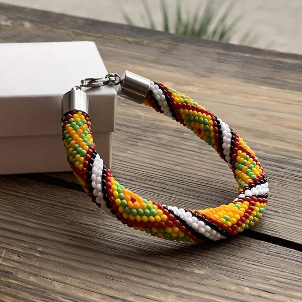 Geometric seed bead crochet orange bracelet, Colorful traditional jewelry, Ukrainian ethnic ornament accessories
