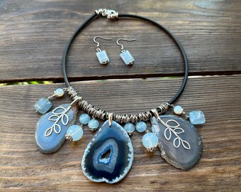 Agate necklace, Slice Crystal necklace for women, Large stone pendant, Boho tribal jewelry, Blue unique choker,