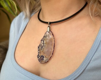 Agate slice necklace, Large stone pendant, Boho gemstone jewelry, Purple statement choker, Summer necklace for women, 30th birthday gift