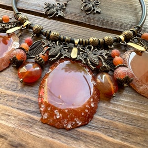 Agate necklace, Large stone pendant, Boho witchy gemstone jewelry, Brown statement choker, Summer necklace for women, 35th birthday gift zdjęcie 5