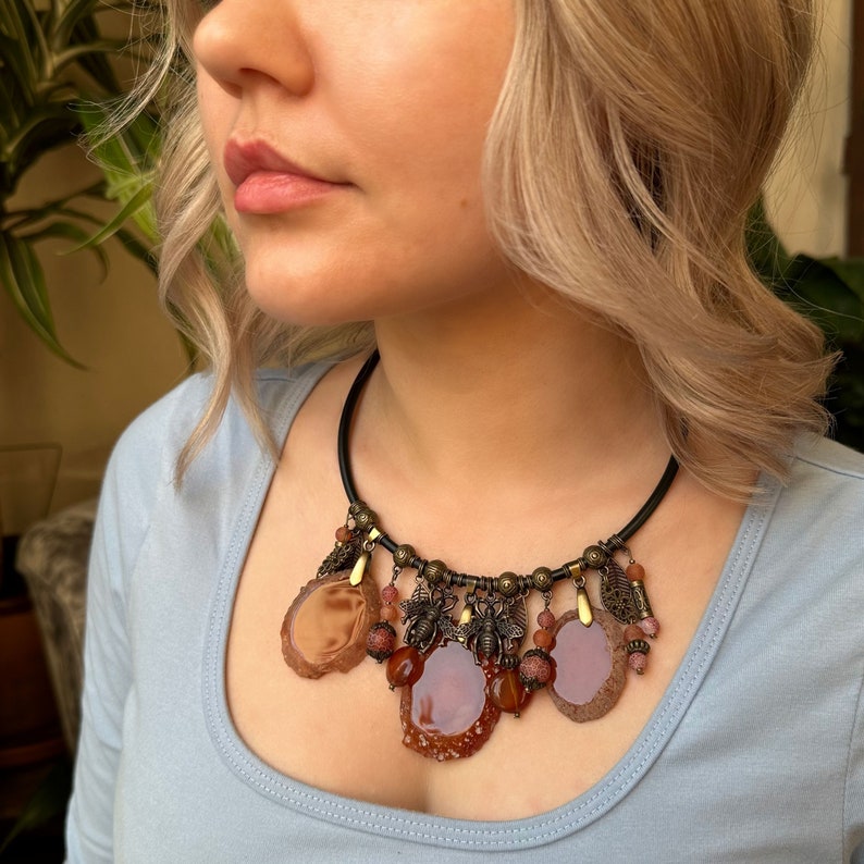 Agate necklace, Large stone pendant, Boho witchy gemstone jewelry, Brown statement choker, Summer necklace for women, 35th birthday gift zdjęcie 7