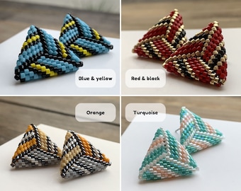 Triangle yellow & black studs earrings, Geometric beaded  stainless steel hypoallergenic accessories