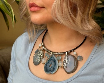 Agate necklace, Large stone pendant, Boho witchy gemstone jewelry, Blue statement choker, Summer necklace for women, 35th birthday gift