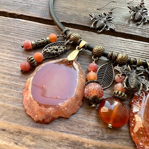 Agate necklace, Large stone pendant, Boho witchy gemstone jewelry, Brown statement choker, Summer necklace for women, 35th birthday gift zdjęcie 4