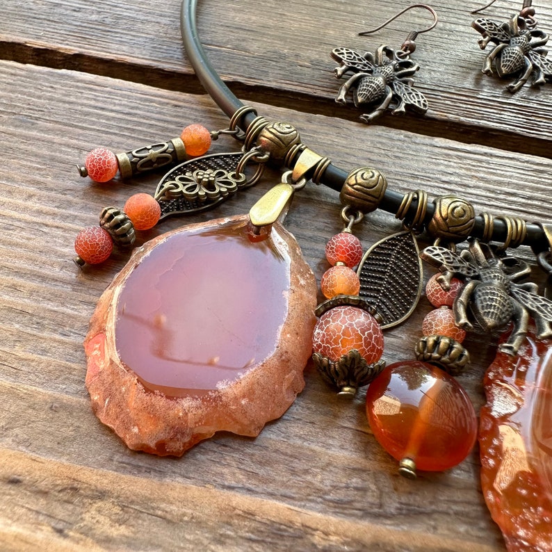 Agate necklace, Large stone pendant, Boho witchy gemstone jewelry, Brown statement choker, Summer necklace for women, 35th birthday gift zdjęcie 4