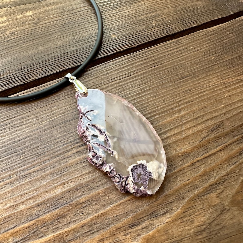 Agate slice necklace, Large stone pendant, Boho gemstone jewelry, Purple statement choker, Summer necklace for women, 30th birthday gift image 6
