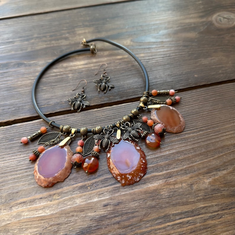 Agate necklace, Large stone pendant, Boho witchy gemstone jewelry, Brown statement choker, Summer necklace for women, 35th birthday gift zdjęcie 10