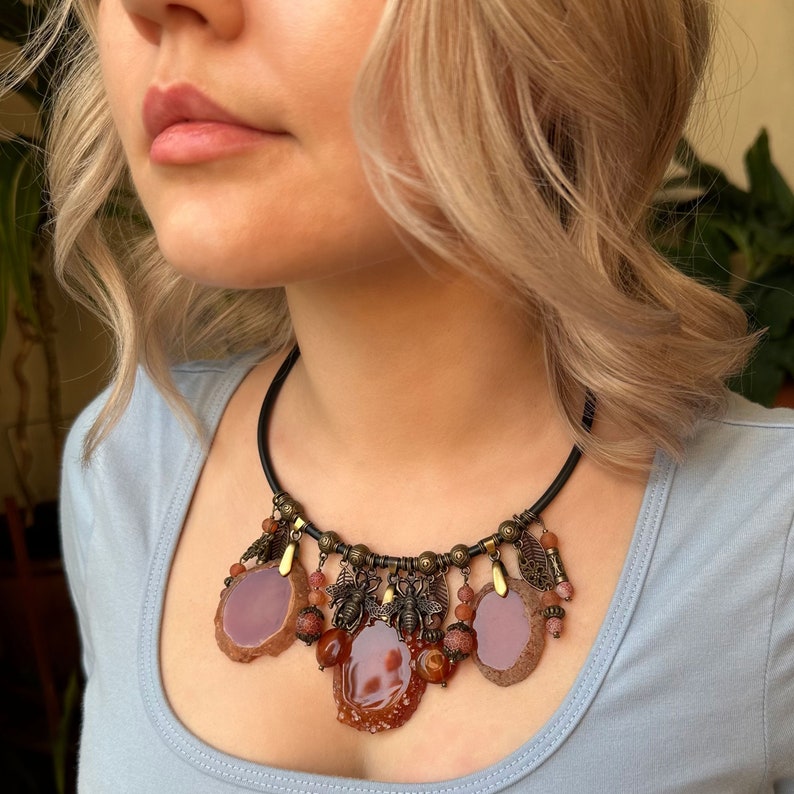 Agate necklace, Large stone pendant, Boho witchy gemstone jewelry, Brown statement choker, Summer necklace for women, 35th birthday gift zdjęcie 3