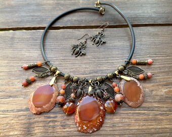 Agate tribal necklace, African necklace, Large stone pendant, Boho ethnic gemstone jewelry, Brown rustic choker, Birthday women gift