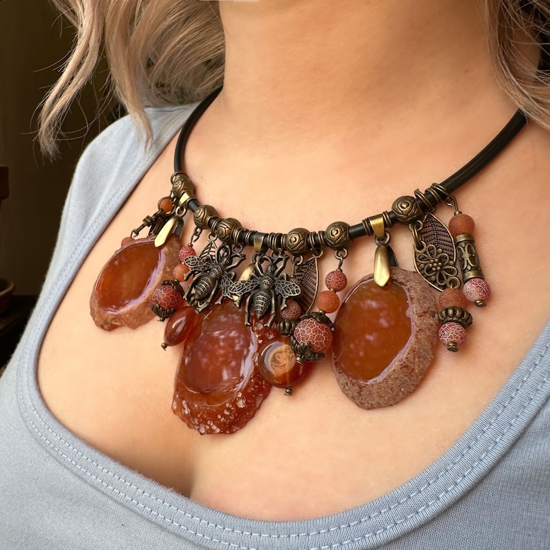 Agate necklace, Large stone pendant, Boho witchy gemstone jewelry, Brown statement choker, Summer necklace for women, 35th birthday gift zdjęcie 1