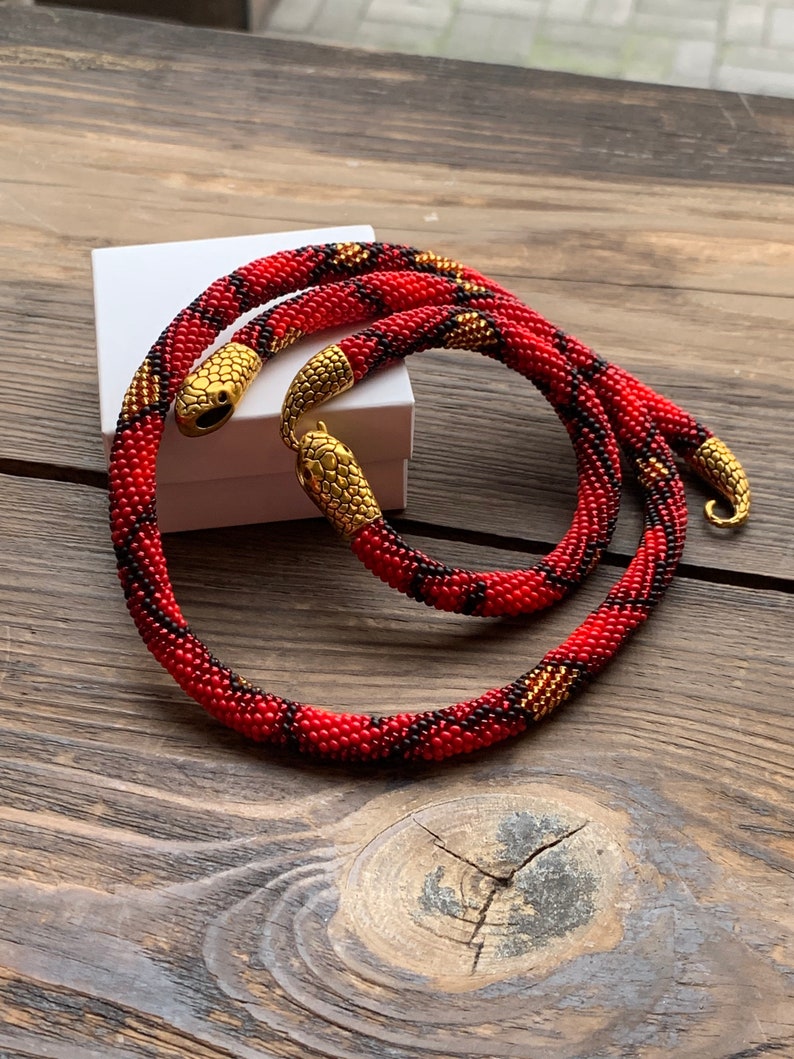 Red Snake Jewelry Seed Bead Crochet Necklace Python Gold - Etsy