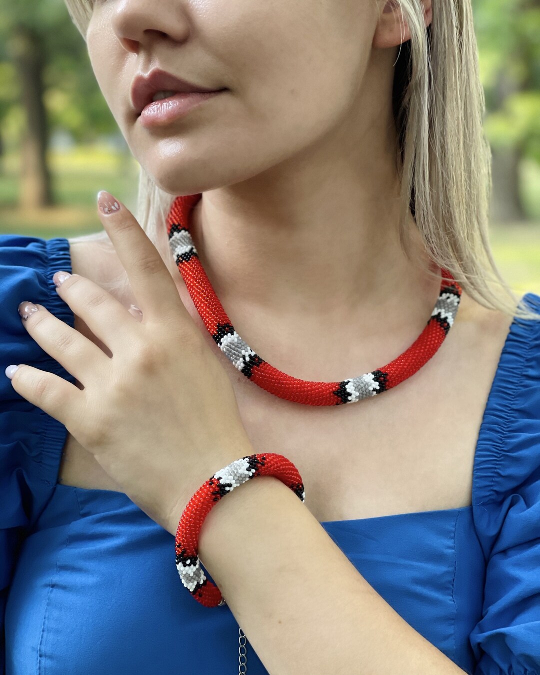 Milk Snake Bead Crochet Necklace Choker, Red Snake Skin Accessories