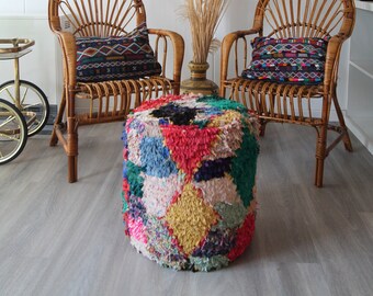 Berber Cotton Pouf (13), Rainbow pouf with wooden structure