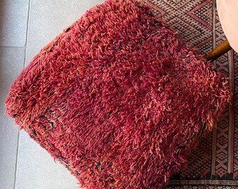 Red Wool Berber Pouf, Beige and Pink Pouf, Handmade Pouf, Footstool, Ottoman, Floor Cushion, Moroccan Pouf, Moroccan Home Decor