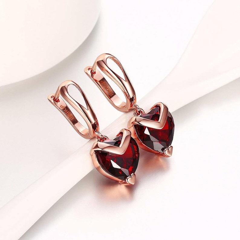 Red Heart Earrings Rose Gold Earrings Drop Earrings Gift For Her Austrian Crystal Earrings Clip on Earrings Handmade Earrings