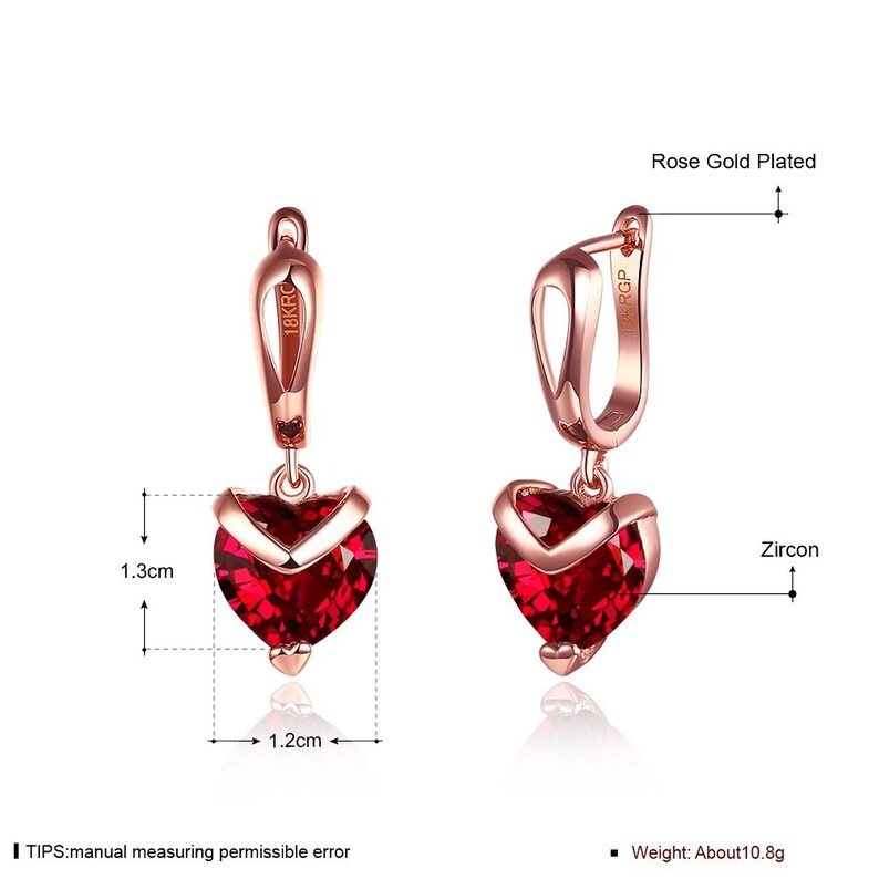 Red Heart Earrings Rose Gold Earrings Drop Earrings Gift For Her Austrian Crystal Earrings Clip on Earrings Handmade Earrings