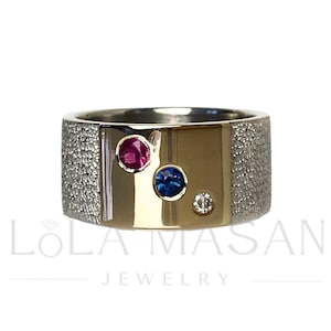 Ruby, Sapphire And diamond sterling silver and 14k gold ring / Engraving free of charge !!! / Gift For Her /  Diamond Ring / Sapphire Ring