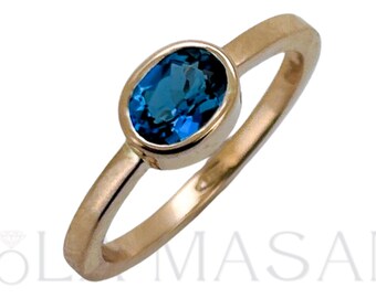 Anello con topazio blu di Londra, gioiello in oro massiccio 14 carati