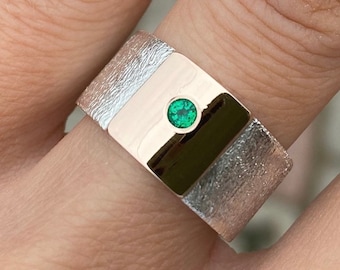 EMERALD Ring/Wide band sterling silver and 14K yellow gold ring with genuine EMERALD/Engraving free of charge !!!  / Gift For Her