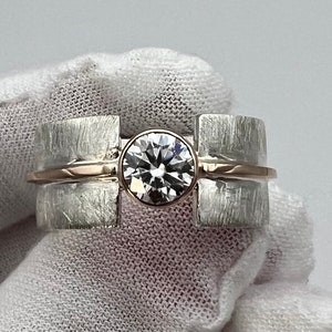 Large Moissanite ring, sterling silver and solid 14k gold wide band ring with moissanite 0.8ct, gift for her, large moissanite ring, unisex