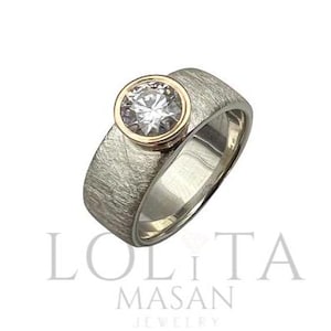 Sterling silver ring band with large 0.8ct moissanite set in thick 14k gold bezel, gift for her, Everyday jewelry, Back to school