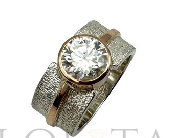 Large Moissanite ring, sterling silver and solid 14k gold wide band ring with 2 carats moissanite , gift for her, large moissanite ring