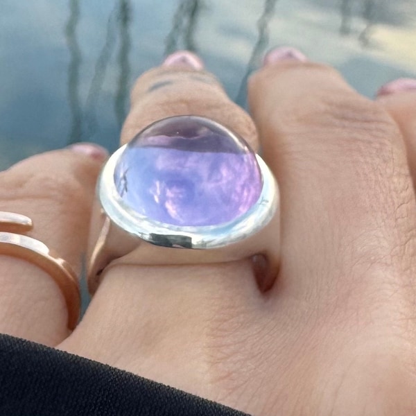 Amethyst Cabochon Ring, Large Sterling Silver Statement Ring