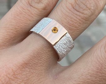 CITRINE Ring/Wide band sterling silver and 14K gold ring with genuine citrine/Natural Citrine/ gift for her