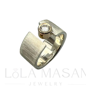Wide band ring, Sterling silver ring band with moissanite set in 14k gold bezel, gift for her, Everyday jewelry, unisex ring