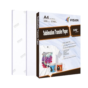 May include: A pack of 100 sheets of A4 sublimation transfer paper, 100 gsm, for use on t-shirts, mugs, metal cups, glass, ceramic, and more. The paper is 210 x 297 mm and has a resolution of 5760 dpi. The product description includes details about the quality, color options, and drying time. The image shows a white t-shirt with a colorful graphic print, a mug with a black cat design, and a mug with a colorful design.