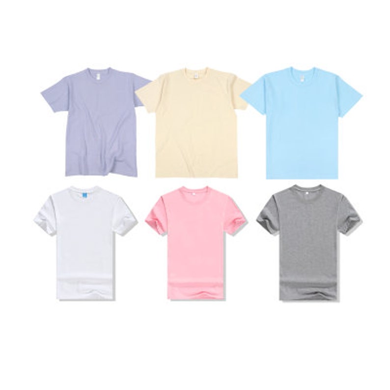 May include: Six plain t-shirts in different colors: light purple, light yellow, light blue, white, pink, and gray.